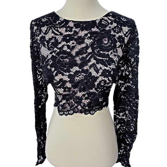 Aldan Mattox Tops - Black Lace Lined Crop Top with Long Unlined Lace Sleeves in size 10